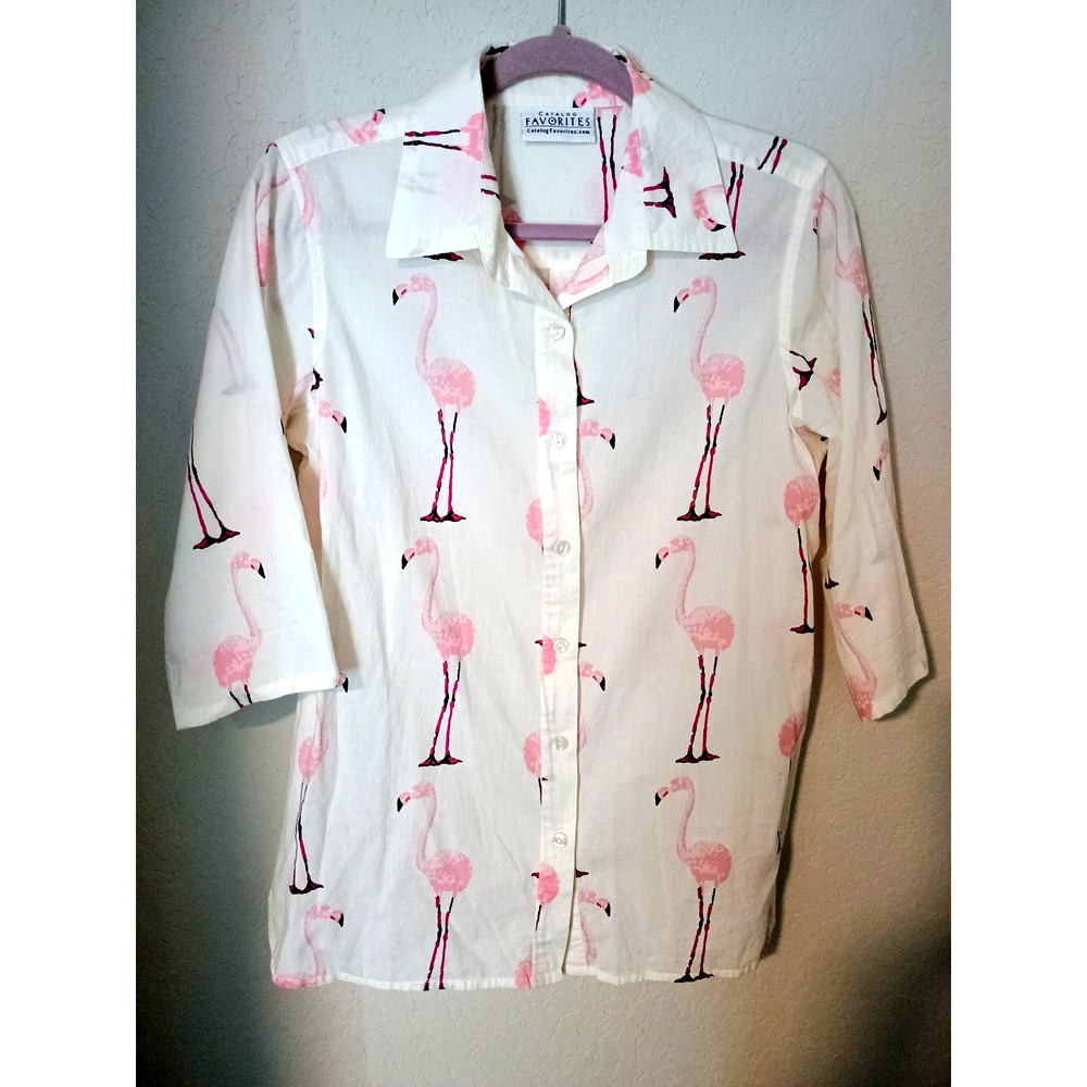 Catalog Favorites Flamingo Print Button-Up Soft Cotton Shirt Top 3/4 Sleeve M